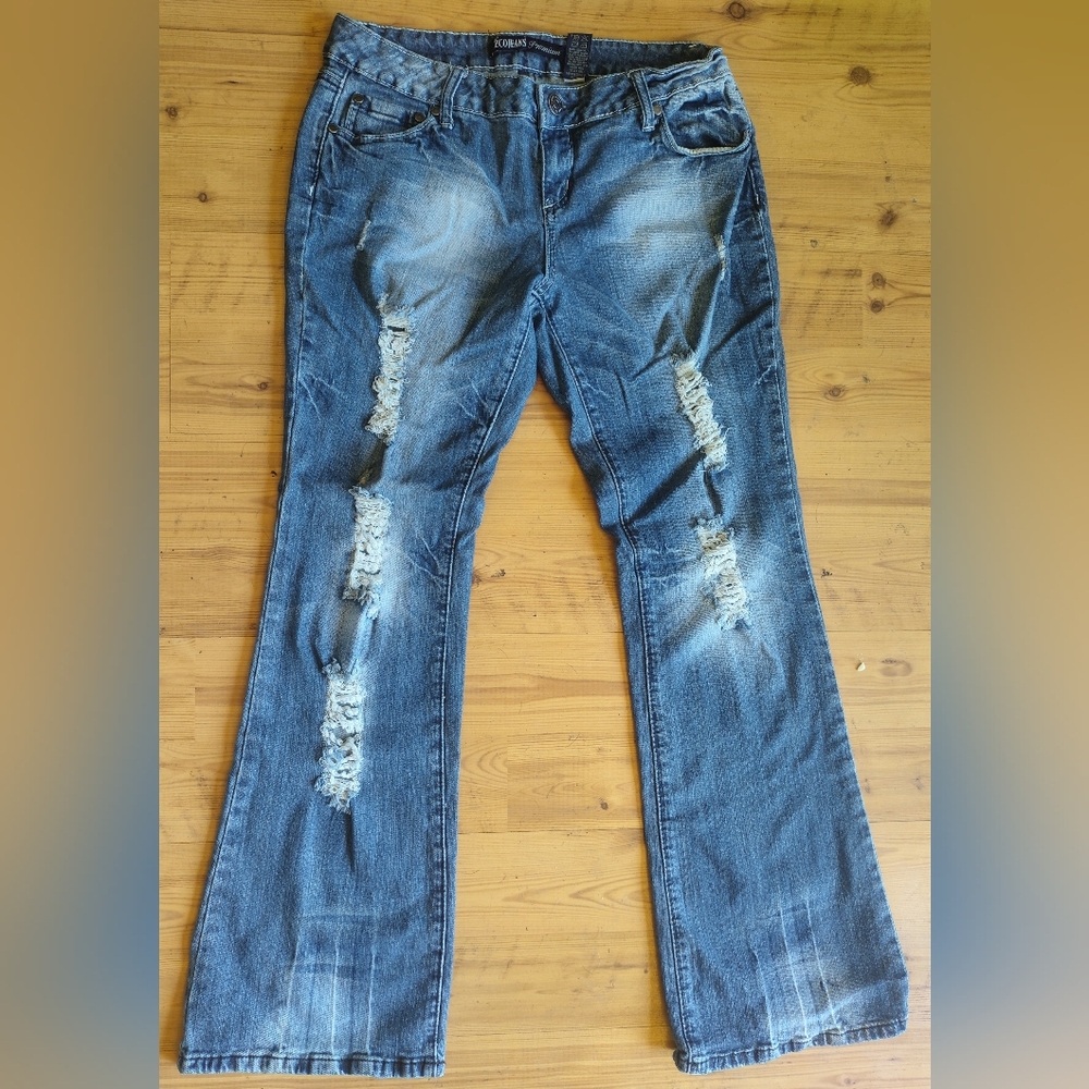 Blue Flare Wide Leg Jeans with Distressed Details
